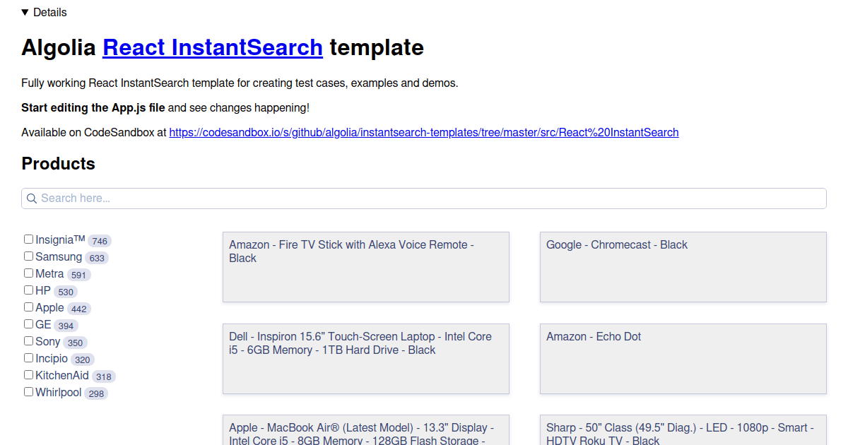 React InstantSearch - Dynamic widget on current refinements - Codesandbox
