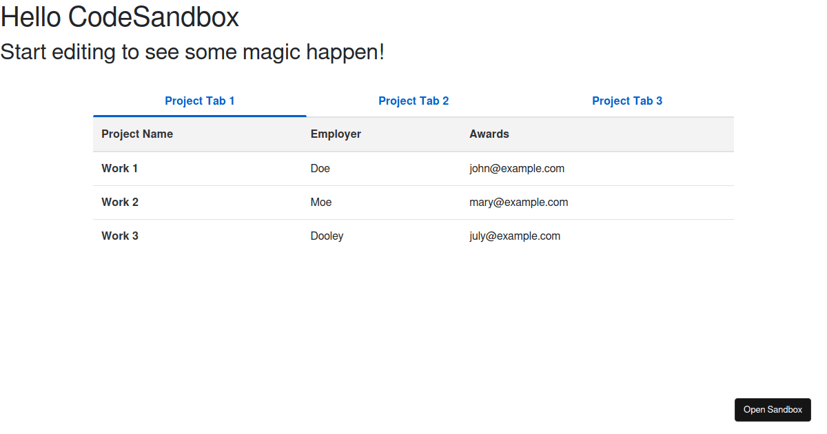 Bootstrap Tabs with Table Codesandbox