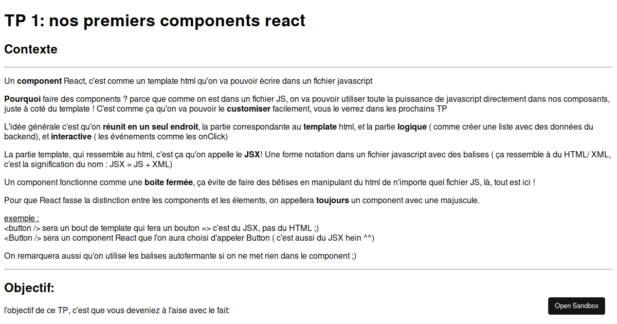 TP react n°1: créer un premier component - Codesandbox