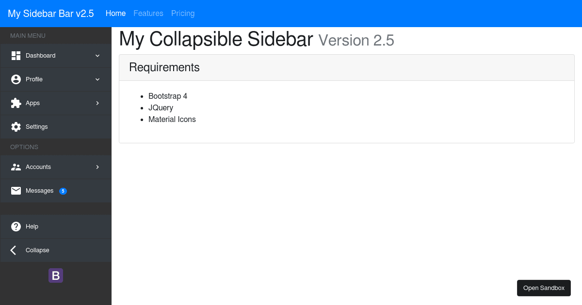 My Collapsible Sidebar 2.5 - Codesandbox