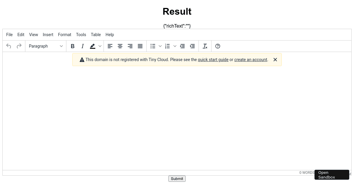 Formik + TinyMCE (forked) - Codesandbox