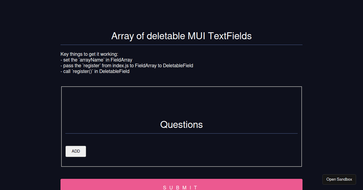 React Hook Form - useFieldArray with Deletable TextField - Codesandbox