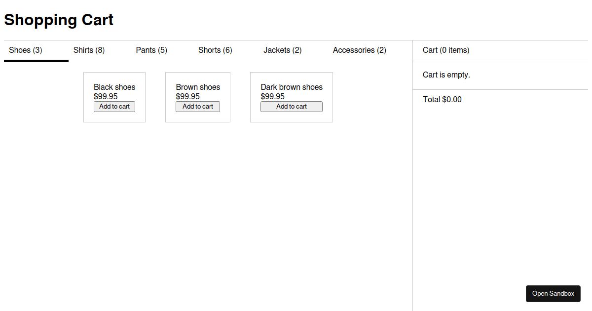 Shopping Cart + Redux + React Hooks Codesandbox