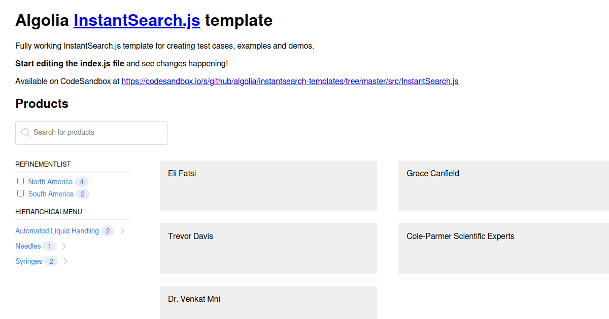 InstantSearch.js - RefinementList With Nested Attributes - Codesandbox