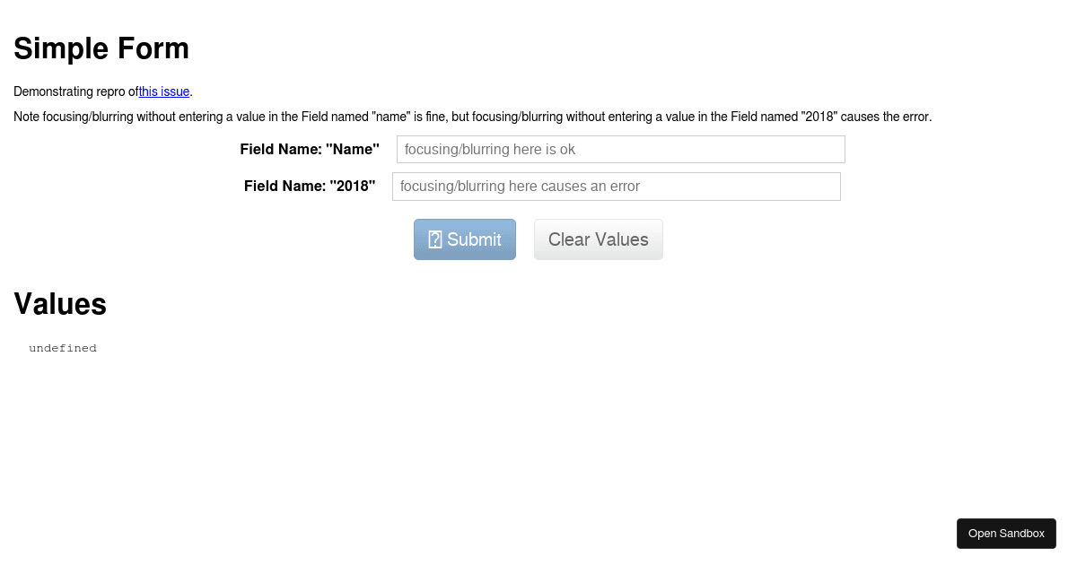 Redux Form - Issue 3753 Repro - Codesandbox