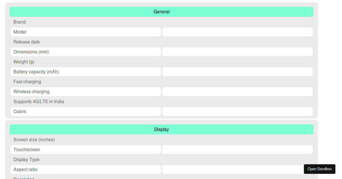 phone spec table Codesandbox