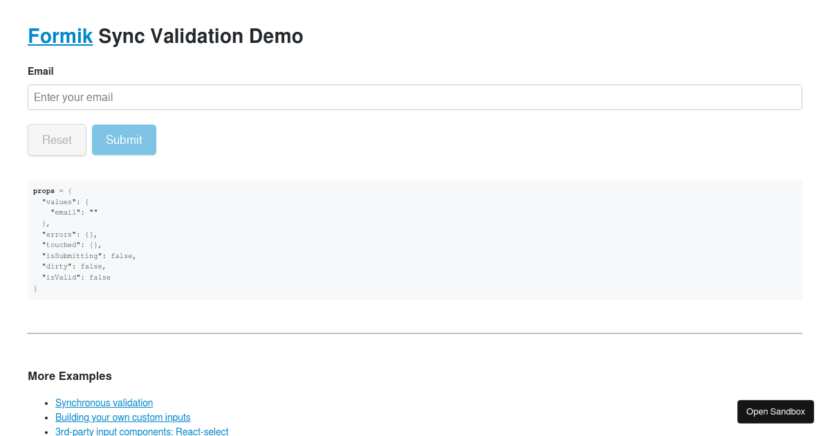 Formik 0.9.x Synchronous Validation Example - Codesandbox