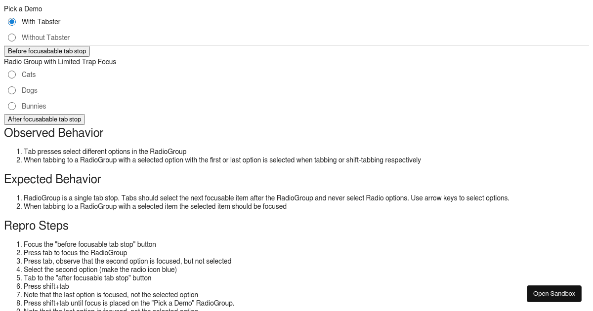 RadioGroup with Tabster - Codesandbox