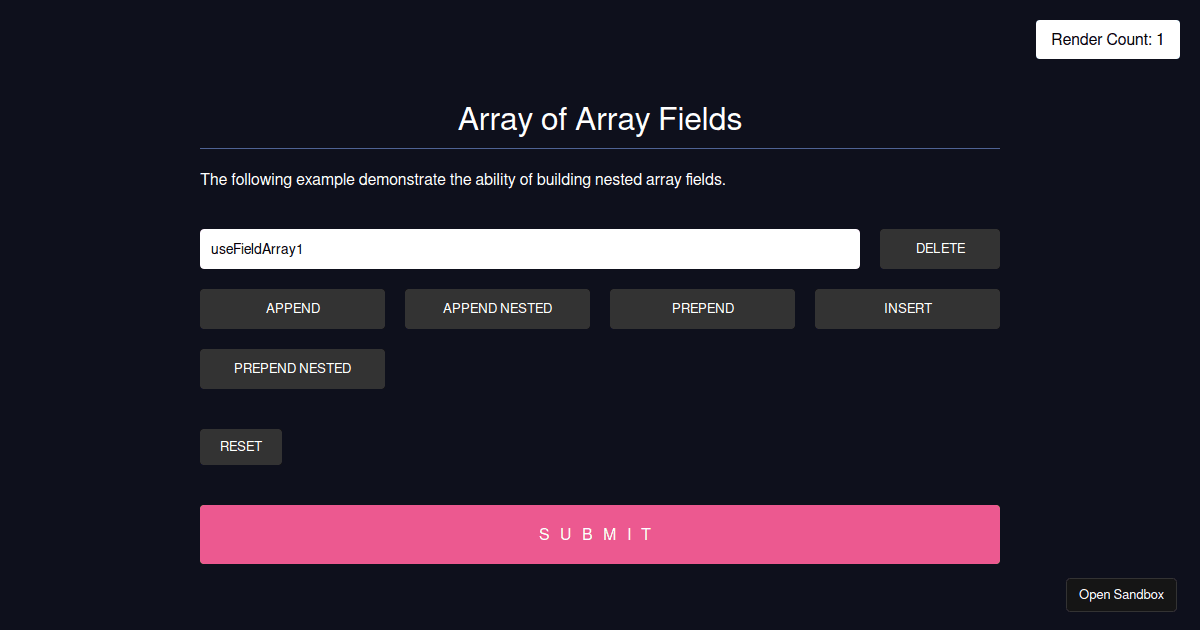 React Hook Form - useFieldArray nested arrays (forked) - Codesandbox