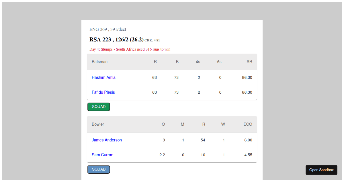 cricket scorecard Codesandbox