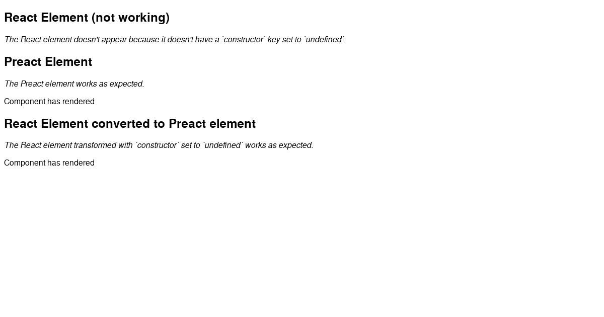 Preact issue with React elements - Codesandbox