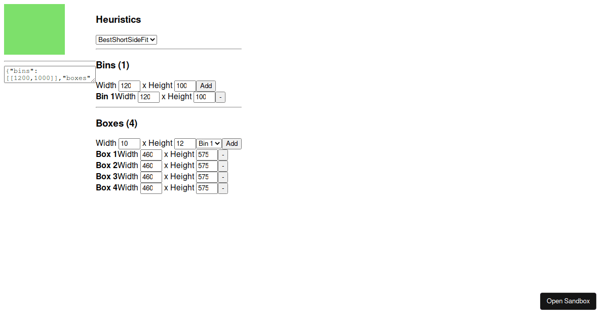 2D Bin Packing Visualization (forked) Codesandbox