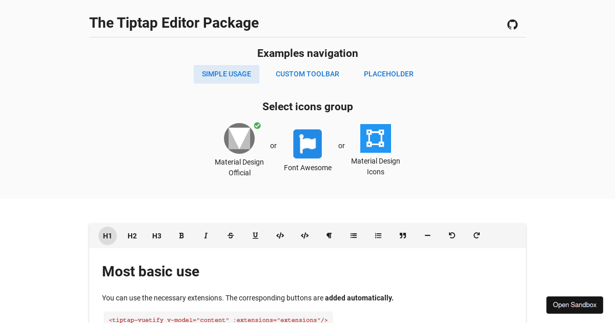 Tiptap vuetify editor Codesandbox