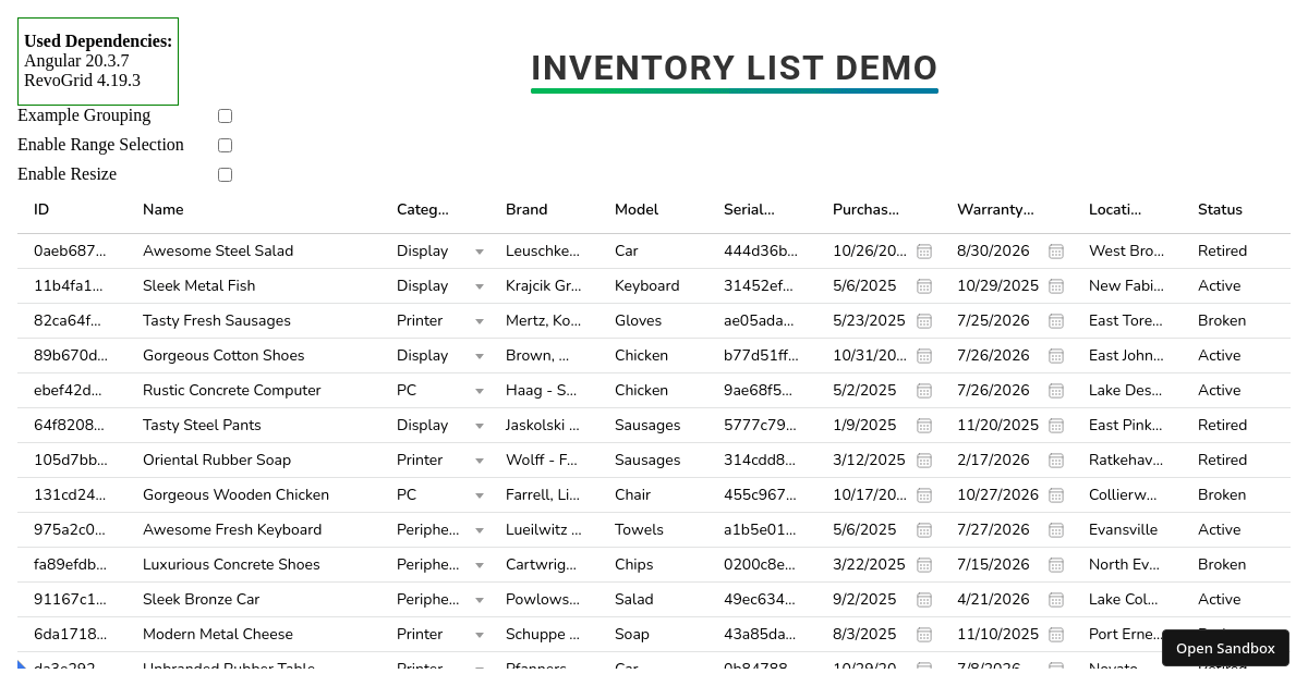 RG Inventory List Demo (Angular) - Codesandbox