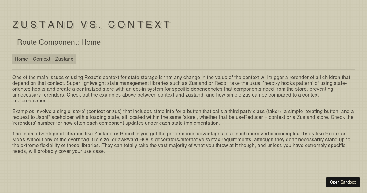 Zustand Vs. Context Example (forked) - Codesandbox