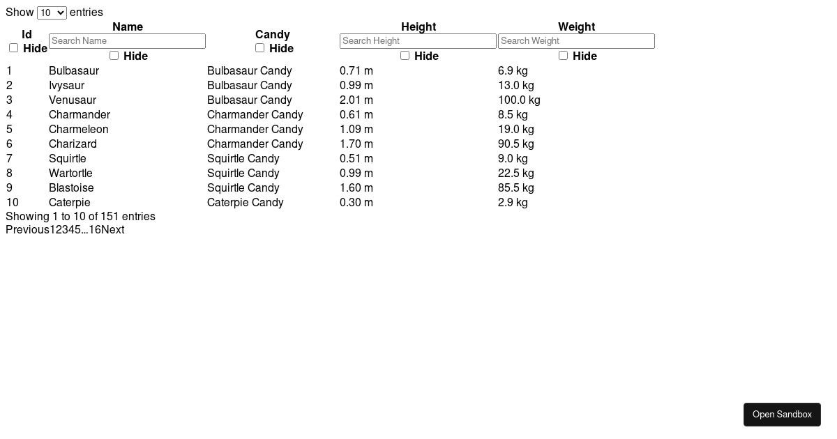 DataTables option API example (forked) - Codesandbox