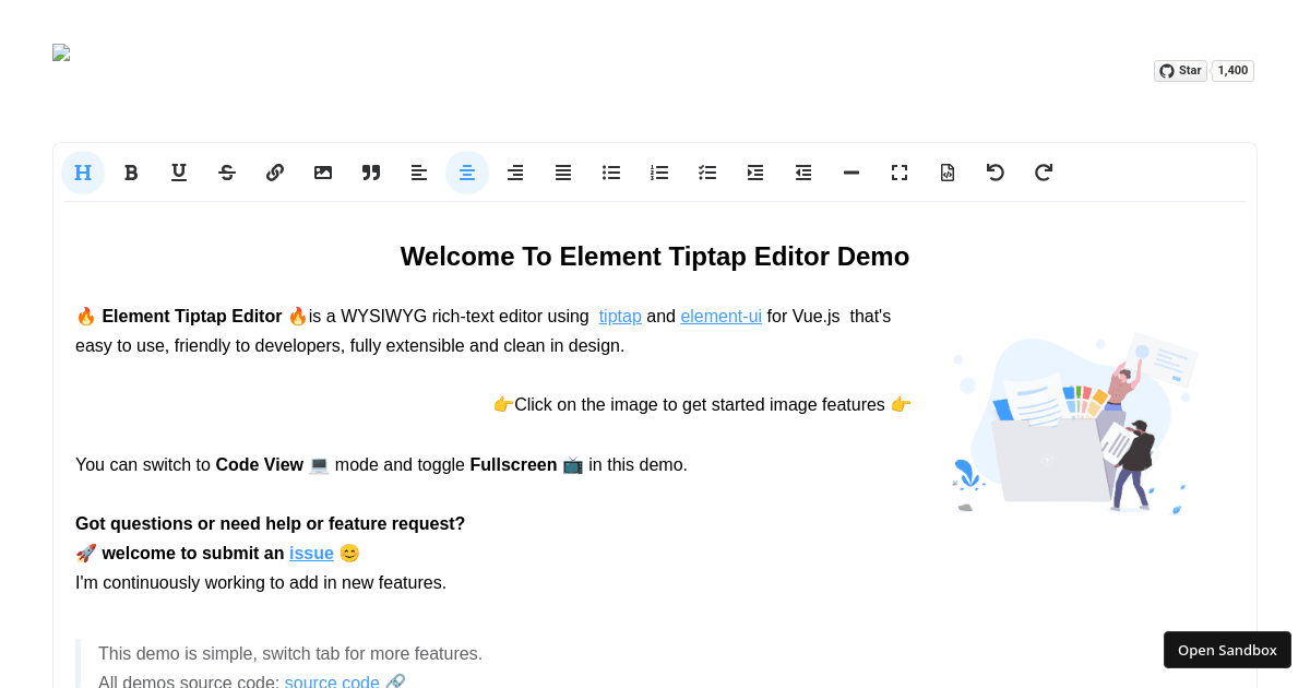 element-tiptap (forked) - Codesandbox