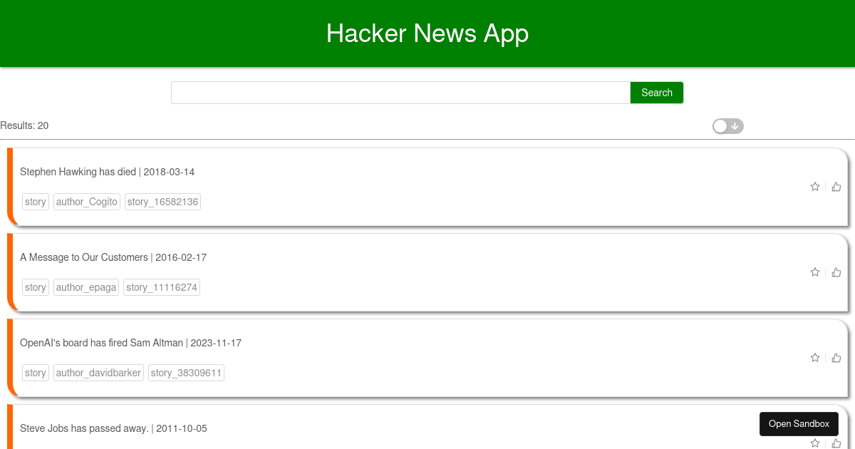 Hacker News App (forked) - Codesandbox