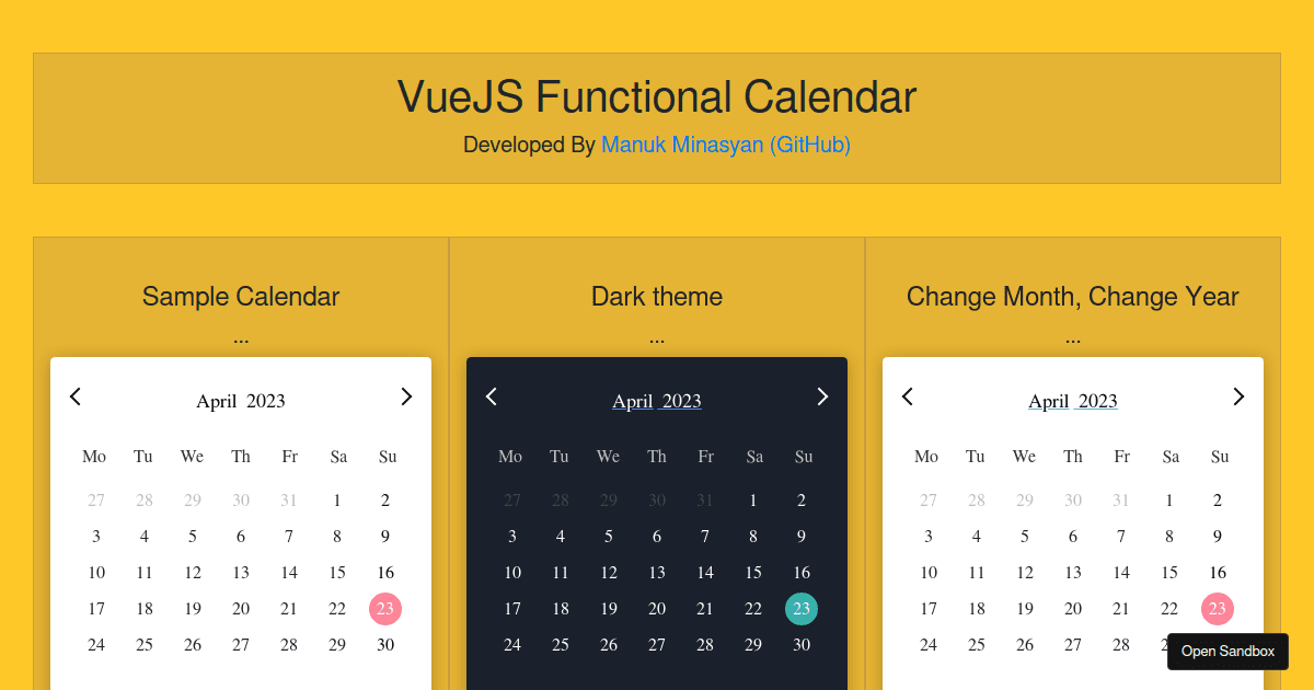 VueJS Functional Calendar Component (Date Picker, Date Range) Demo