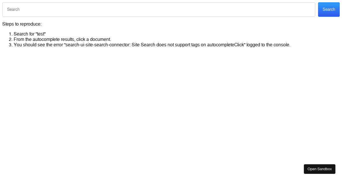 search-ui-site-search-connector reduced test case (forked) - Codesandbox