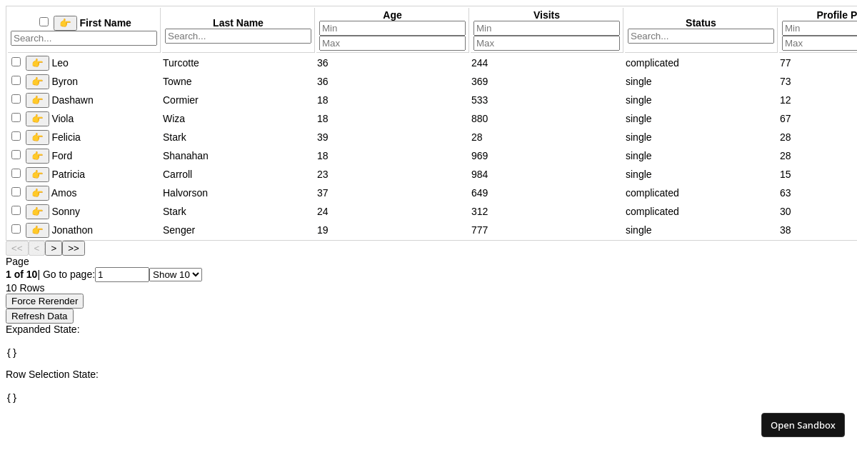 Example transtack table react html - Codesandbox