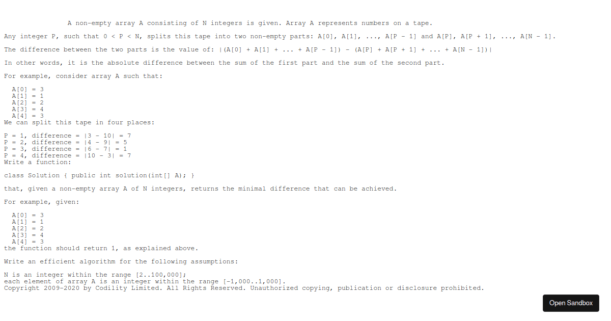 codility : Time Complexity : 3.3 : TapeEquilibrium - Codesandbox