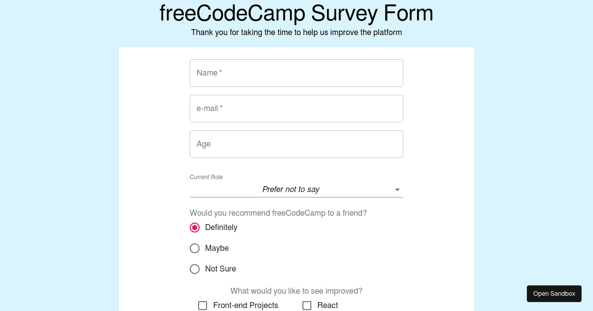 freecodecamp survey form - Codesandbox