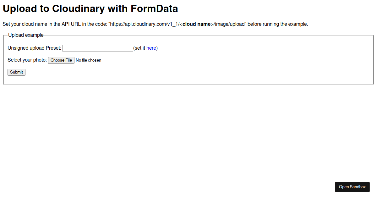 Upload to Cloudinary with JavaScript (forked) - Codesandbox