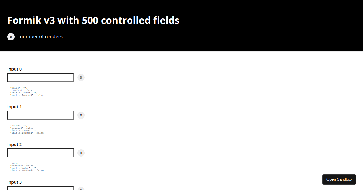 Formik 3 Stress Test (500 controlled fields) - Codesandbox