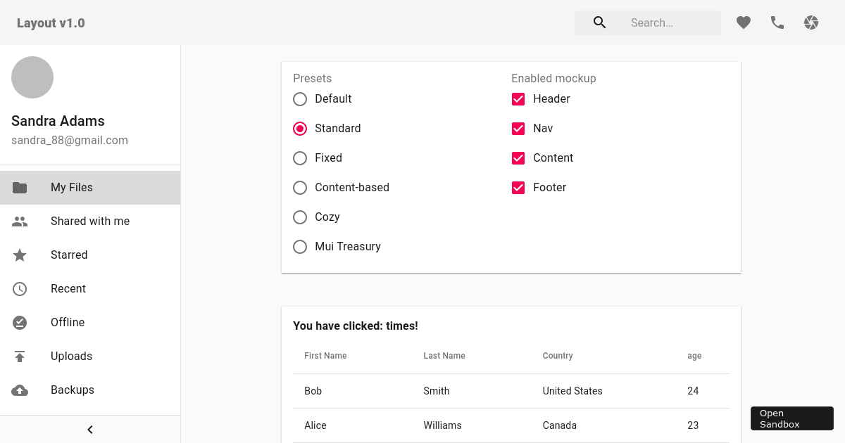 Material-UI Layout (v1.2.9) (forked) - Codesandbox