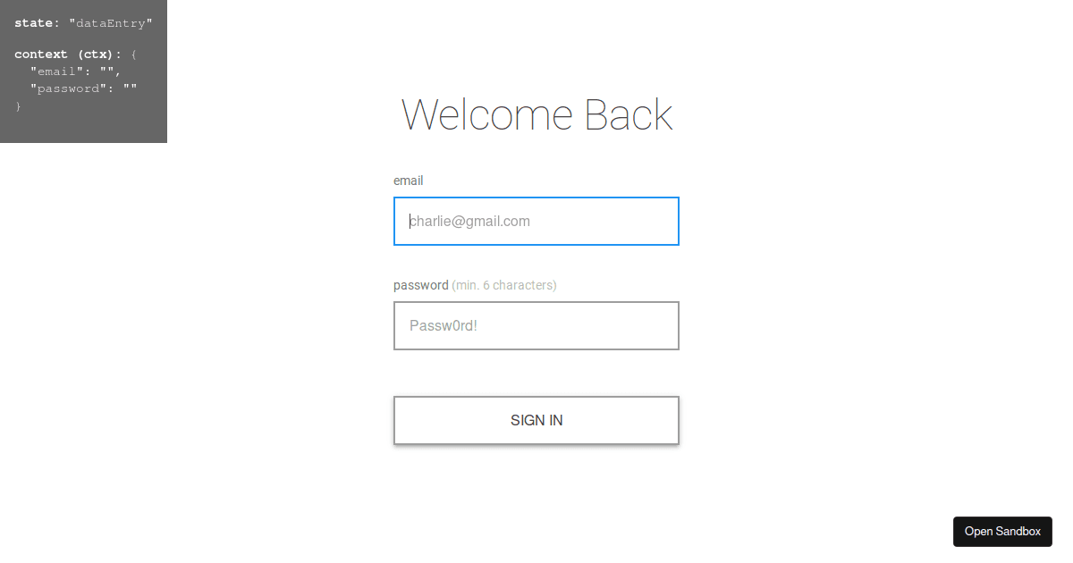 React | XState - sign in form - v1 (forked) - Codesandbox