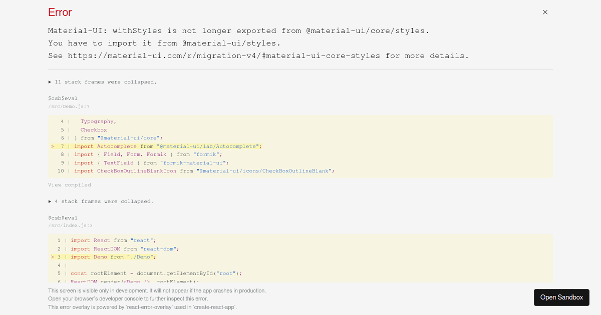 Material-UI issue (forked) - Codesandbox