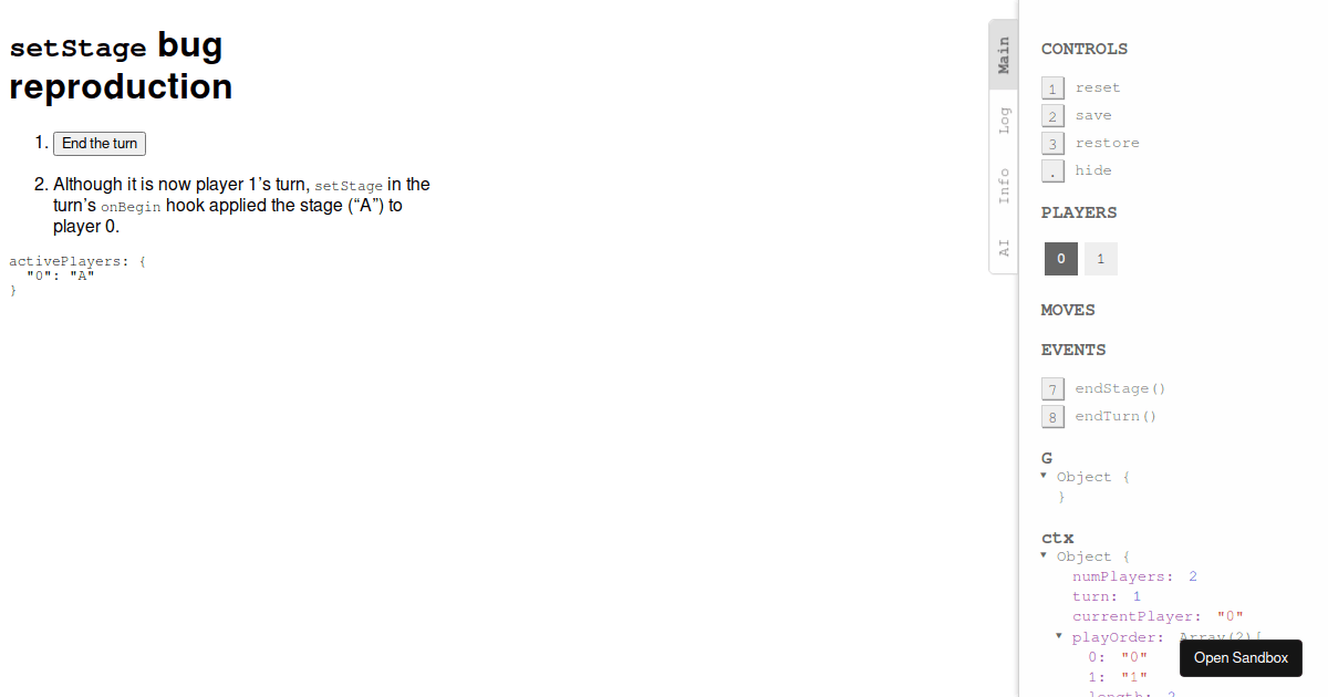 boardgame.io setStage bug reproduction Codesandbox