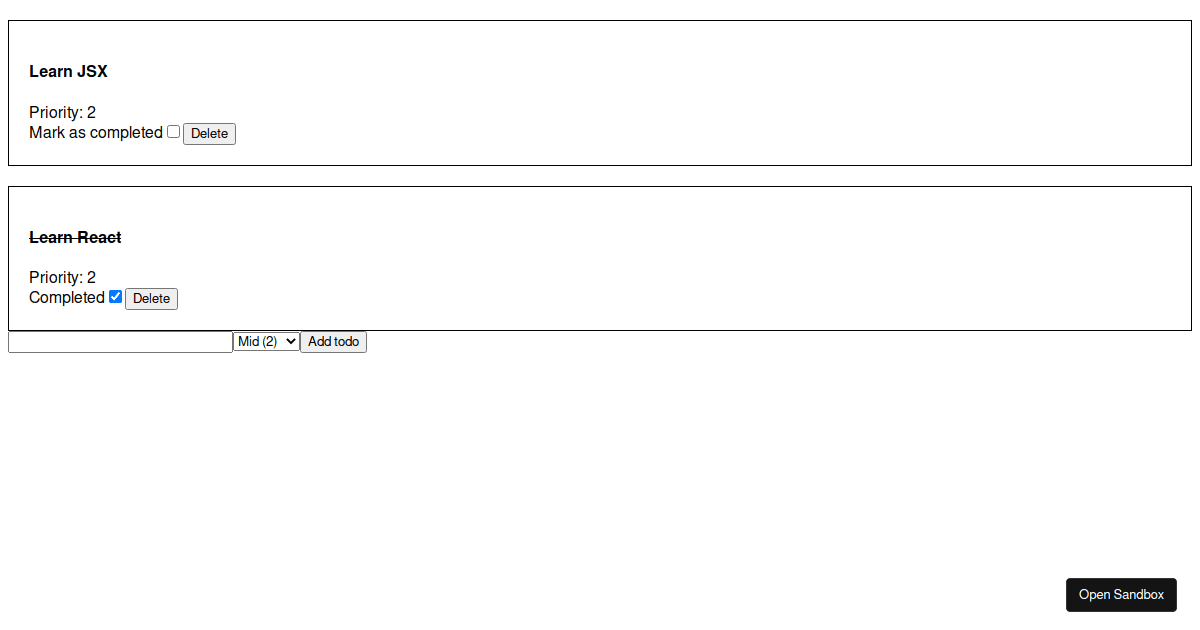 Todo list example in react Codesandbox