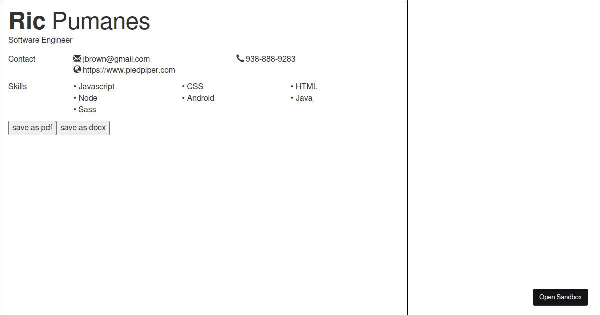 ReactJS Resume Builder (forked) - Codesandbox