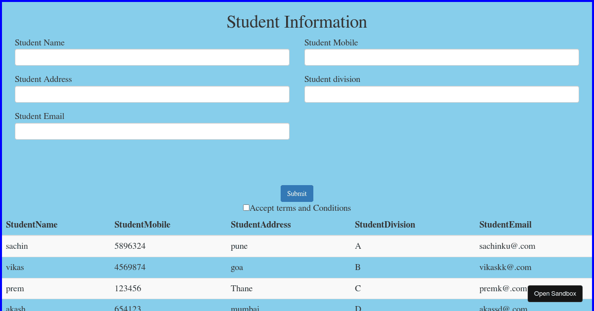 Student Information Form Codesandbox