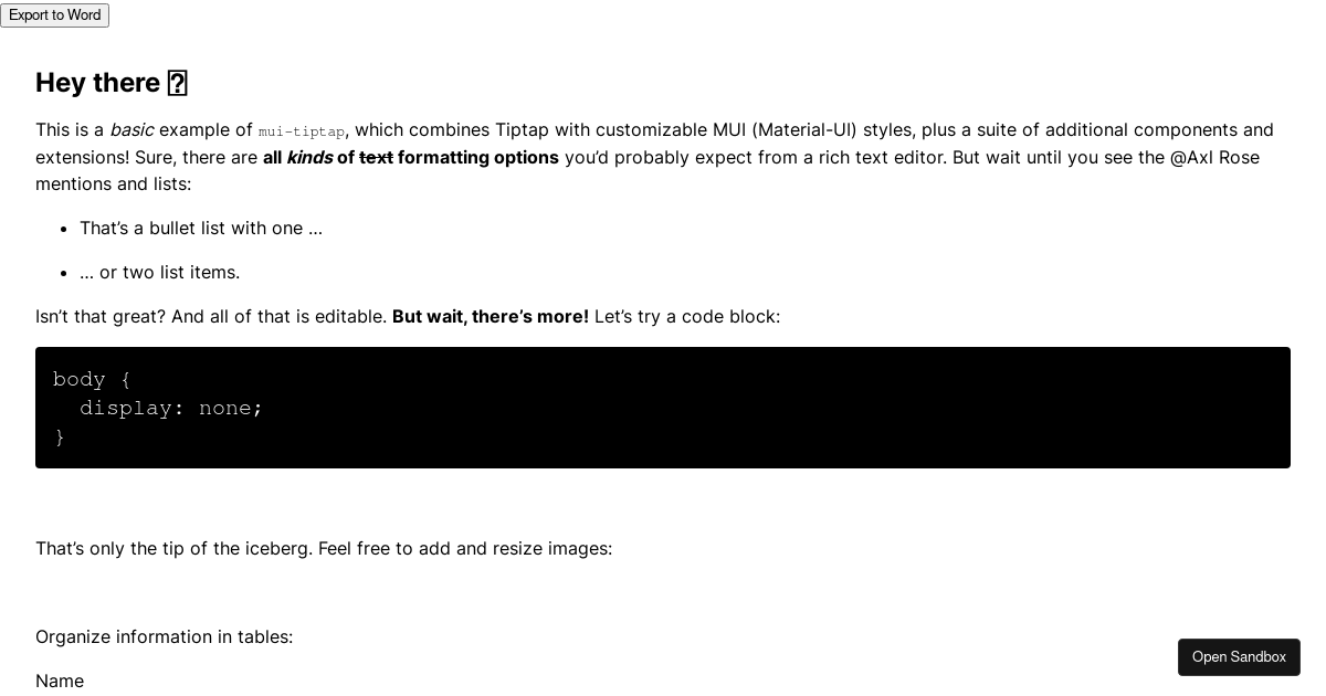 Export Tiptap content to Microsoft Word (forked) - Codesandbox