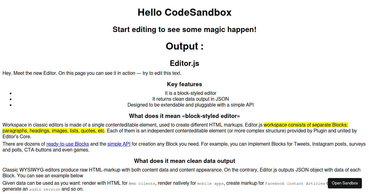 editor js react renderer Codesandbox