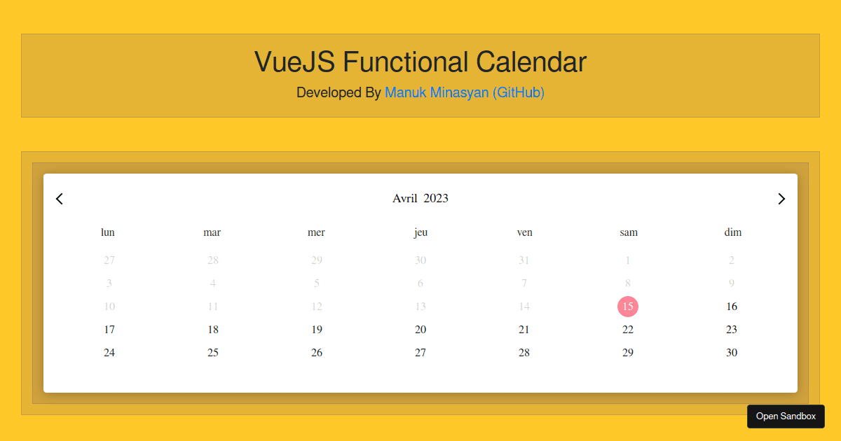 VueJS Functional Calendar Component Codesandbox