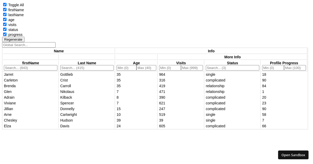react-table v8 example (forked) - Codesandbox