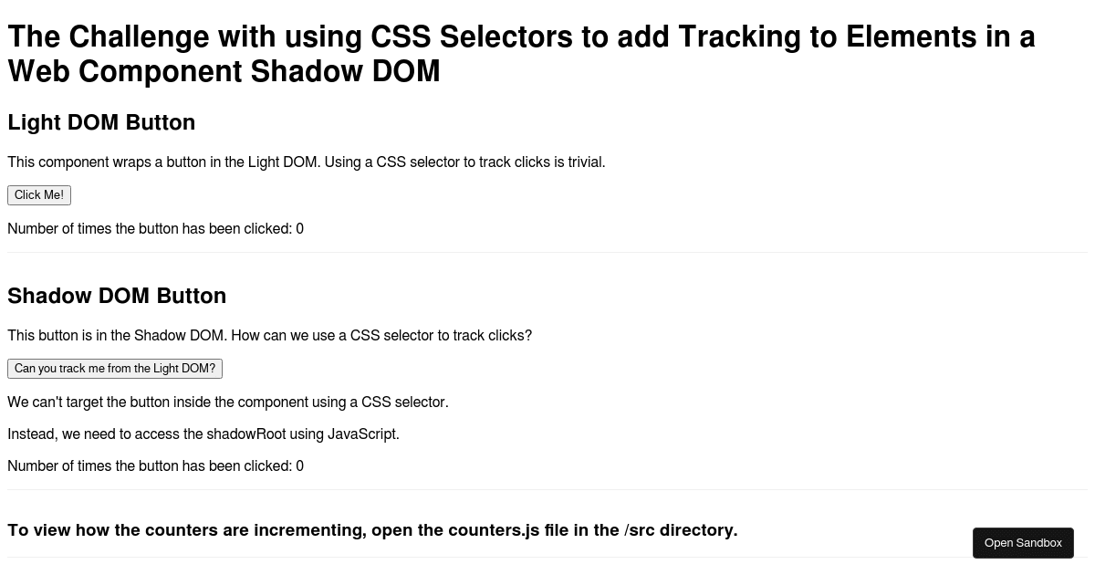 analytics challenge with tracking shadow dom elements - Codesandbox