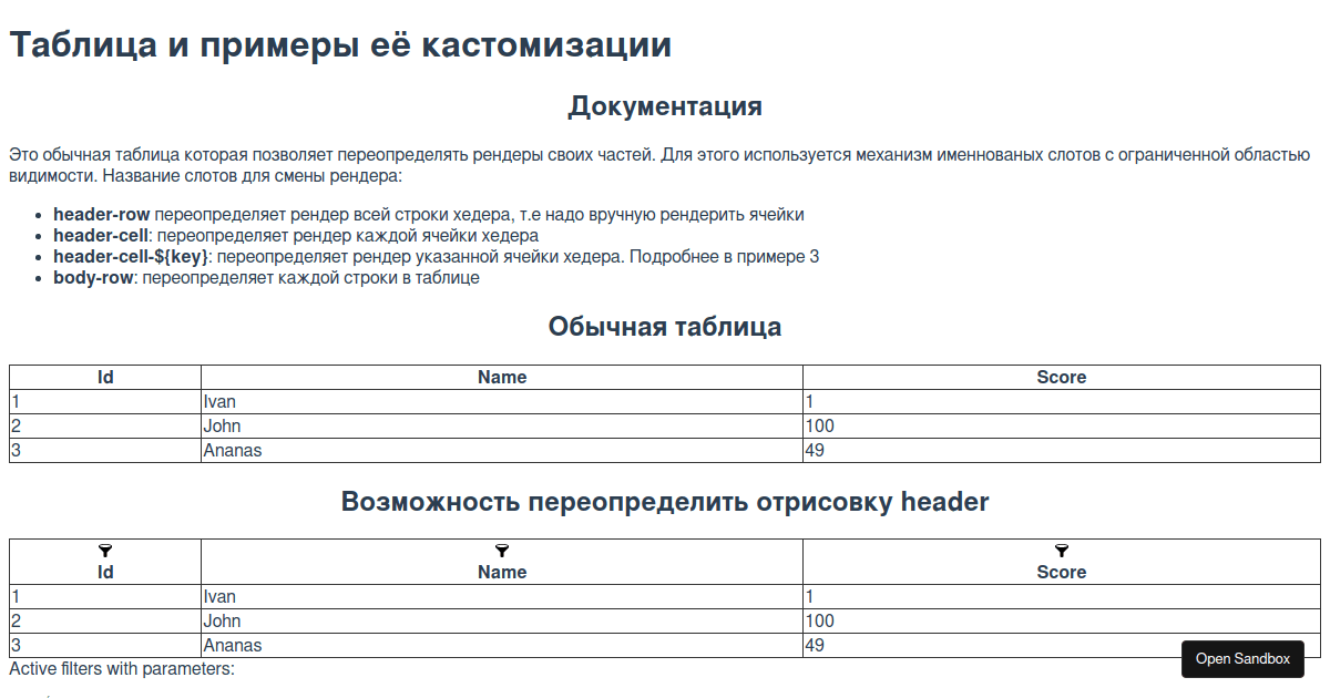 Table with customizations - Codesandbox