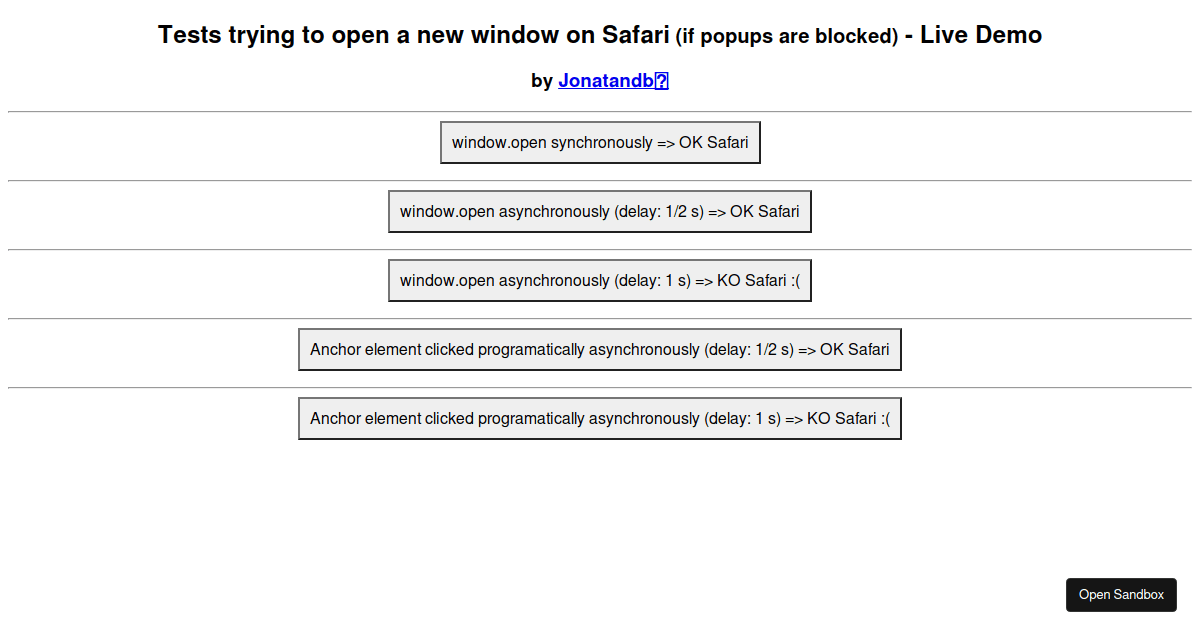 Open new window on Safari - Codesandbox