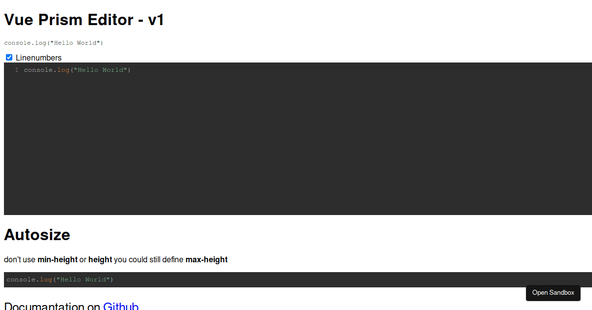 Vue Prism Editor - Example (forked) - Codesandbox