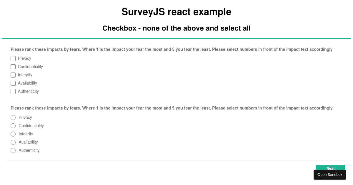 SurveyJS react example - show react component on complete - Codesandbox
